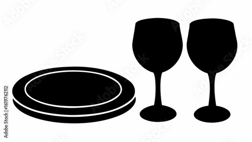 Illustration of two champagne flutes standing next to a stack of plates in a simple black silhouette