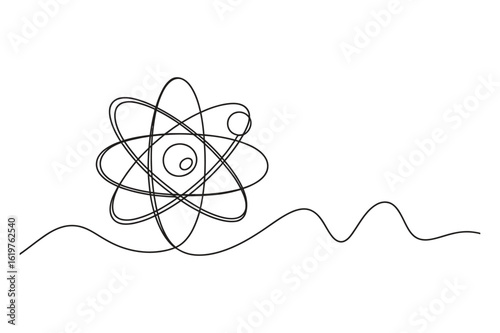 Vector one-line art of atom structure, editable stroke, scientific physics concept illustration