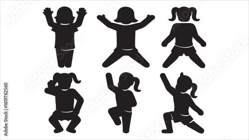 Six silhouette icons depicting children in various active poses on a white background simple design