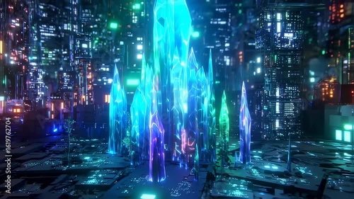 Wallpaper Mural Futuristic Neon Crystal Structures Illuminating in a Cyber City Environment with Dynamic Light Effects Torontodigital.ca