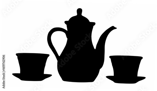 Silhouette of a coffee pot with two cups on saucers against a white background in a simple design