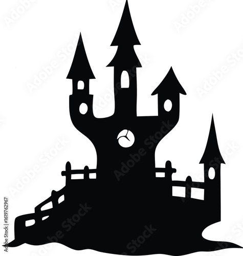 Eerie black silhouette of a spooky haunted castle with tall towers and a clock face on a white background