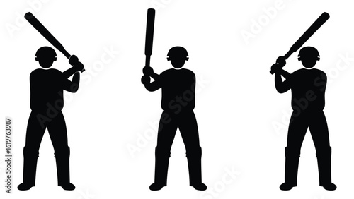 Cricket batsman silhouette isolated on white background in different poses