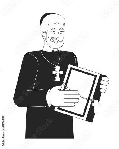 Christian priest holding Bible with cross necklace outline illustration. Catholic sermon scripture. Pastor clergyman in robes 2D line character isolated on white. Monochrome vector ink linear image