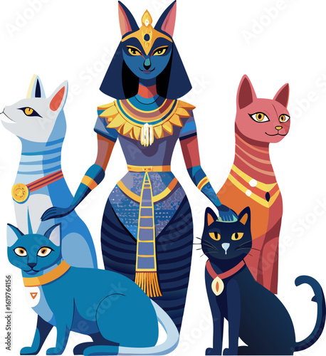 Ancient Egyptian cat goddess Bastet surrounded by modern-day cats in playful poses