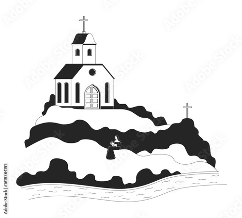 Church monastery on hill with nun reading outline illustration. Spiritual solitude. Catholic chapel on grassy hilltop near river 2D line character isolated on white. Monochrome vector ink linear image