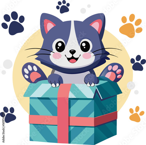 Cute kitten peeking out of a gift box with paw prints around