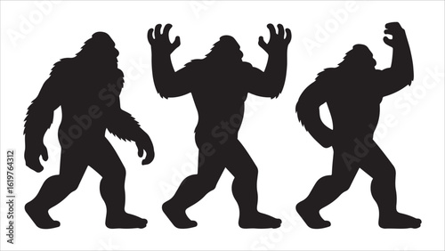 Three black silhouette illustrations of bigfoot walking in different poses on a white background