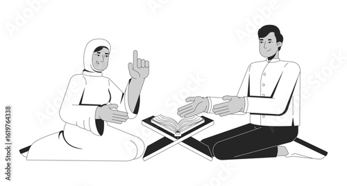 Muslim couple studies Quran together outline illustration. Islamic learning. Arab man, hijab woman kneeling at Rehal book stand 2D line characters isolated on white. Monochrome vector ink linear image