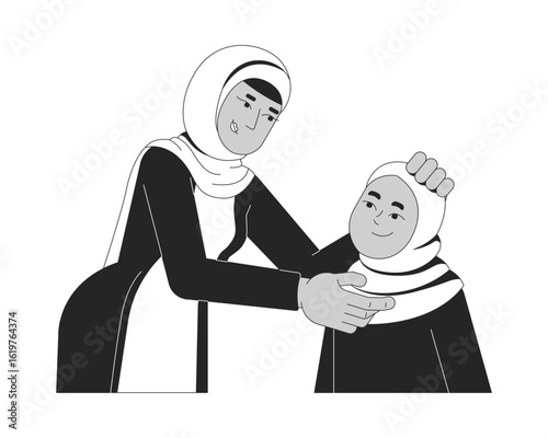 Muslim mother gently adjusting daughter hijab outline illustration. Islam parenting, modest fashion. Islamic family life 2D line characters isolated on white. Monochrome vector ink linear image
