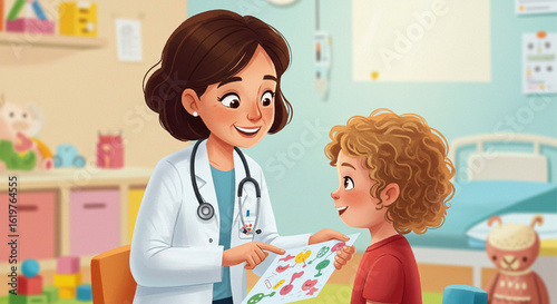 A friendly pediatrician shows a colorful chart to a young boy during a medical check-up in a cheerful clinic.