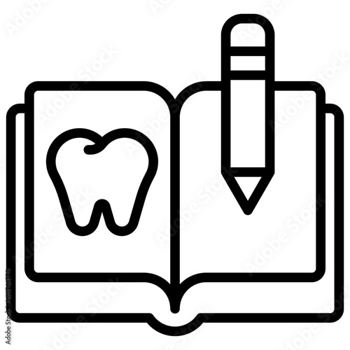Dental Record Outline Icon Vector Design - An open book with a tooth and pencil, representing dental records, patient notes, and oral health documentation