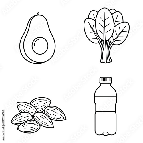 Outline icon set of Nutrition. Healthy eating: Avocado, Leafy greens, Almonds, Bottle of water