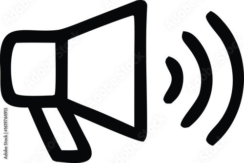 Hand drawn black and white icon of a megaphone emitting sound waves symbolizing announcements and public speaking