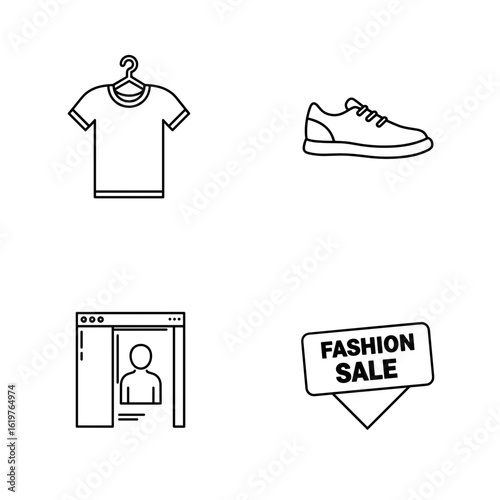 Outline icon set of Online shopping. Fashion Online Shopping: T-shirt on hanger, Sneaker, Virtual fitting room icon, Fashion sale banner