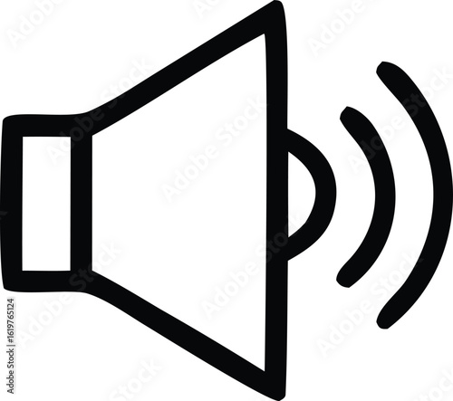 Simple hand drawn outline of a speaker icon emitting sound waves indicating audio output and volume