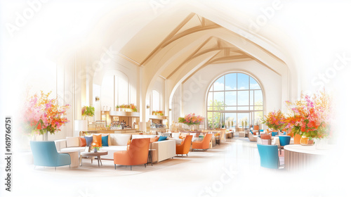 Bright and airy interior of a modern lounge featuring comfortable seating and floral arrangements, creating a welcoming space for guests