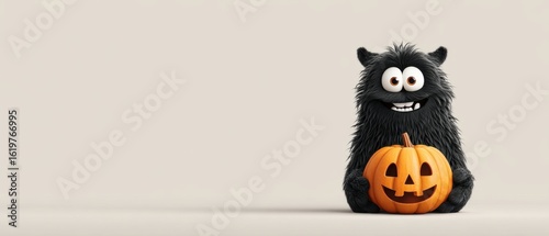 Playful Monster and Glowing Jack-o'-Lantern Illustration on Light Background with Copy Space
