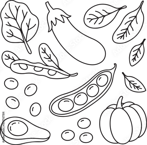 Vegetable Outline Vector Set with Eggplant, Peas, Avocado, and Spinach