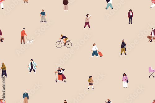 Repeatable pattern of different tiny people strolling on city streets. Endless background of various men and women walk their dogs, ride scooter, skateboard, cycling. Flat seamless vector illustration