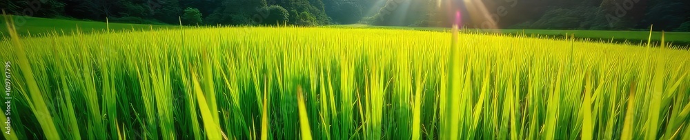 Obraz premium Sun-drenched rice paddies in Bali, lush green stalks heavy with ripening grain, ready for harvest Traditional farming methods preserve the island's beauty , farming, bali, field