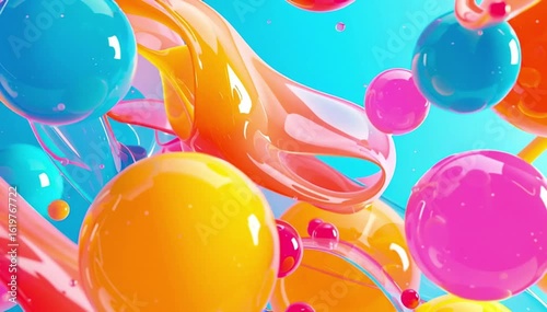 colorful 3d abstract background with waves, balls and fluid