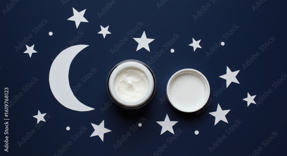 Naklejka premium Night Cream Dream Sleepy Stars and Moisturizer on Dark Blue.