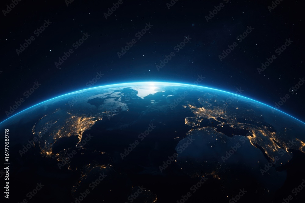 Fototapeta premium Glowing earth from space with city lights visible at night