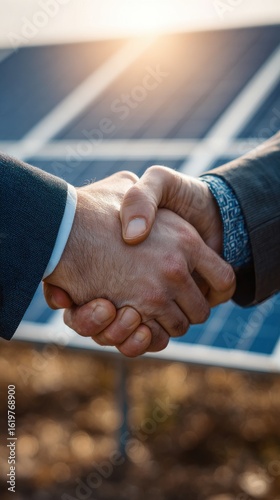 Business professionals shaking hands in front of solar panels during a sustainable energy partnership agreement