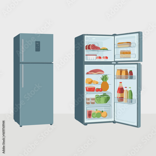 Illustration of two refrigerators one closed and one open showing food inside on a white background