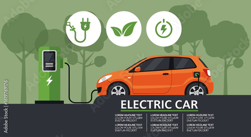 An orange electric car recharges at a green station with eco-friendly icons promoting sustainability.
