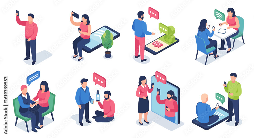 An isometric set of illustrations showing people using smartphones for online communication, chatting, video calls, and taking selfies. An isometric set of illustrations showing people using smartphones for online communication, chatting, video calls, and taking selfies.