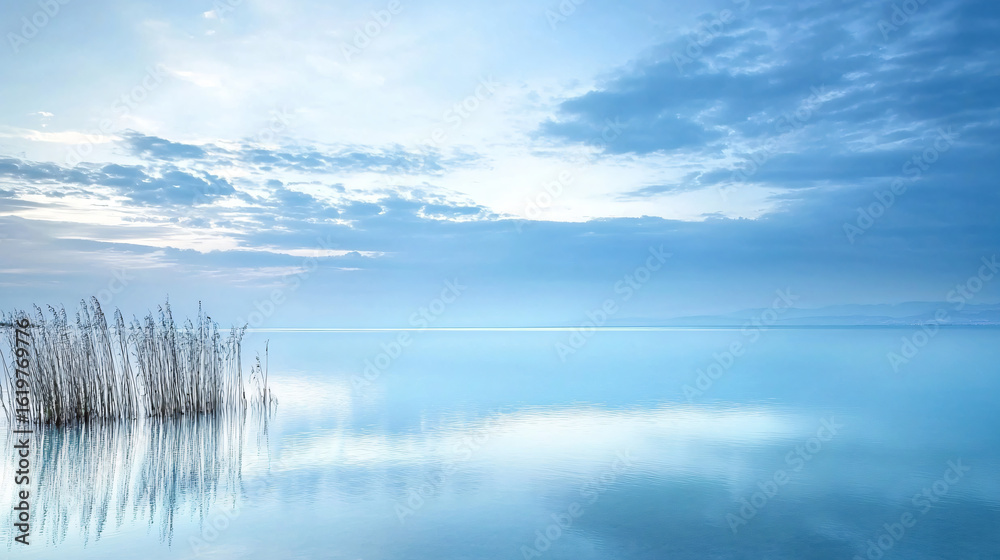 Obraz premium Tranquil lake with lush reeds emerging from water creating a serene natural landscape scene