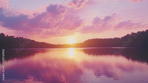 Breathtaking sunset over tranquil lake with vibrant colors illuminating the evening sky
