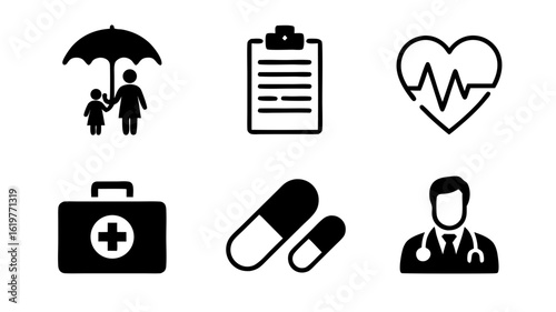 Health and wellbeing icons representing medical care insurance and healthcare services