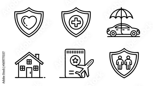 Line art icons depicting various types of insurance including health, travel, home, and life