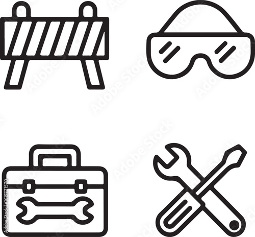 Vector Icon Set: Construction Site Safety Signs, Tools, and Protective Gear Symbols