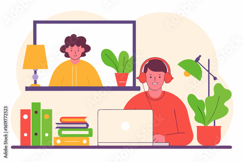 Edukacja online i praca zdalna. Student w słuchawkach uczestniczy w wirtualnej lekcji lub wideokonferencji na laptopie.