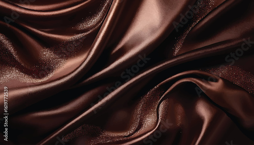 Black dark chocolate brown background. Silk satin fabric. Luxury elegant beauty premium rich. Shiny glitter shimmer wavy background. dark brown color flowing liquid, smooth swirl flowing waves.