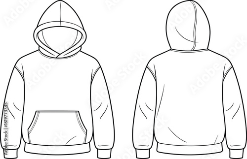 Cad drawing flat vector illustration of hoodie front and back view, fashion technical sketch, blank apparel template, casual wear design