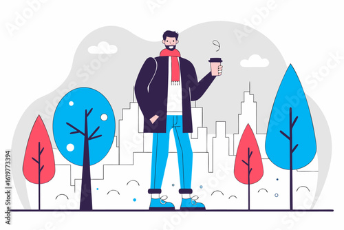 Mężczyzna z kawą na wynos relaksuje się w parku. Ilustracja symbolizująca miejski styl życia i przerwę na kawę.