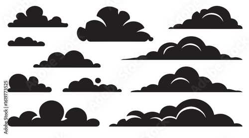 Various black cloud silhouettes arranged on a white background in a simple graphic style design