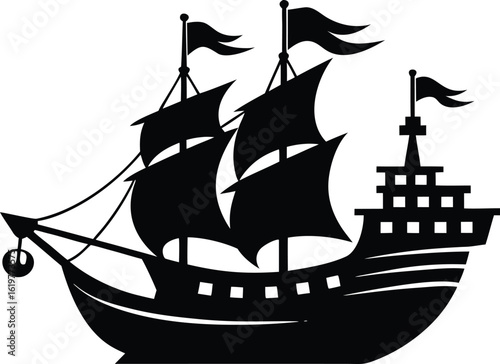 Pirate ship silhouette, pirate ship black vector illustration