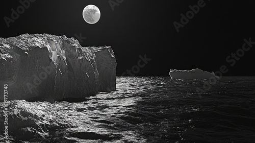 Icebergs at Night: Dramatic Monochrome Arctic Landscape with Full Moon