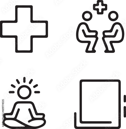 Vector Icons: Healthcare, Therapy, Wellness, and Mindfulness Symbols; Simple Line Art Sign Set