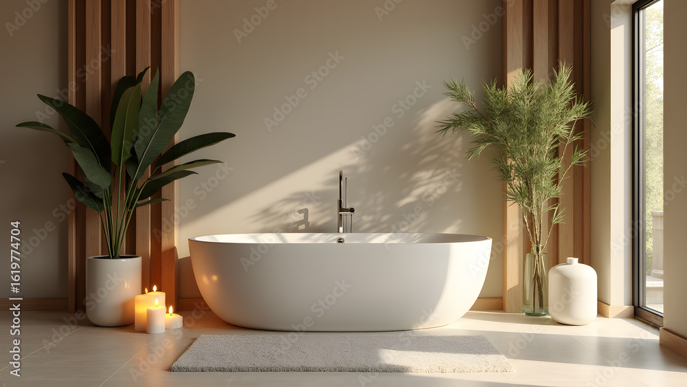 Fototapeta premium Luxurious Japandi Style Bathroom with Natural Light and Zen Atmosphere