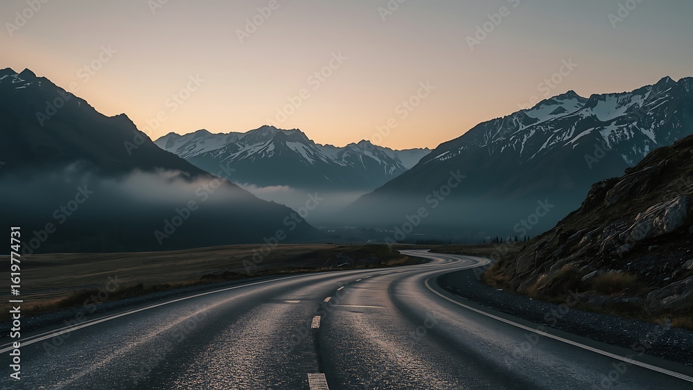 Fototapeta premium Serpentine mountain highway at dawn, snow-capped peaks, mist in valleys, wet asphalt reflections, cinematic lighting, photorealistic, 4K, ultra-detailed.