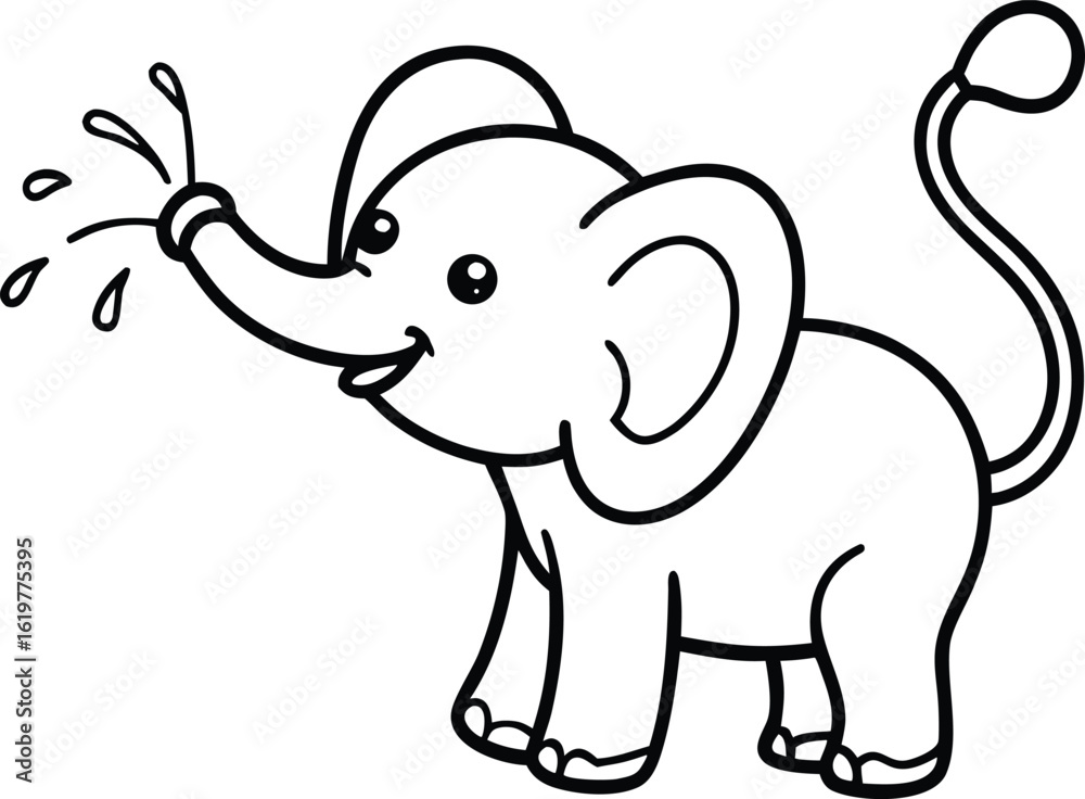 Obraz premium Cute elephant spraying water cartoon isolated on white background for coloring book