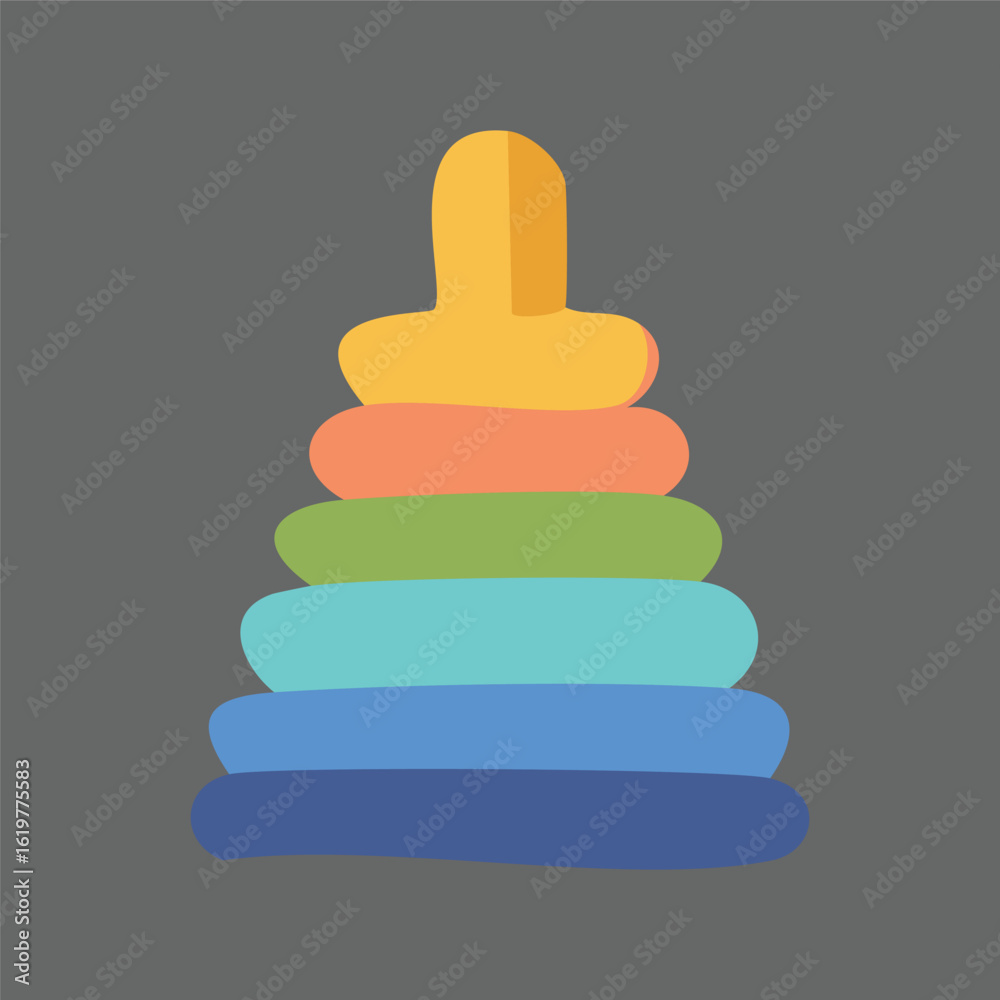 Flat vector illustration of a classic stacking ring toy, representing early childhood development, learning through play, and motor skills education Flat vector illustration of a classic stacking ring toy, representing early childhood development, learning through play, and motor skills education