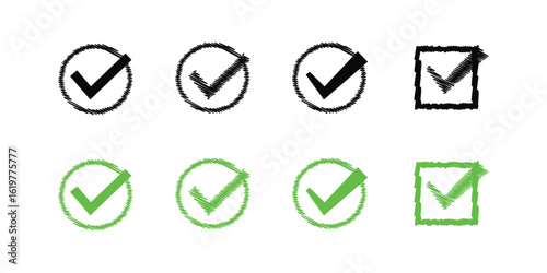 Hand drawn checkmark icons in circles and squares, ideal for task lists and validation.